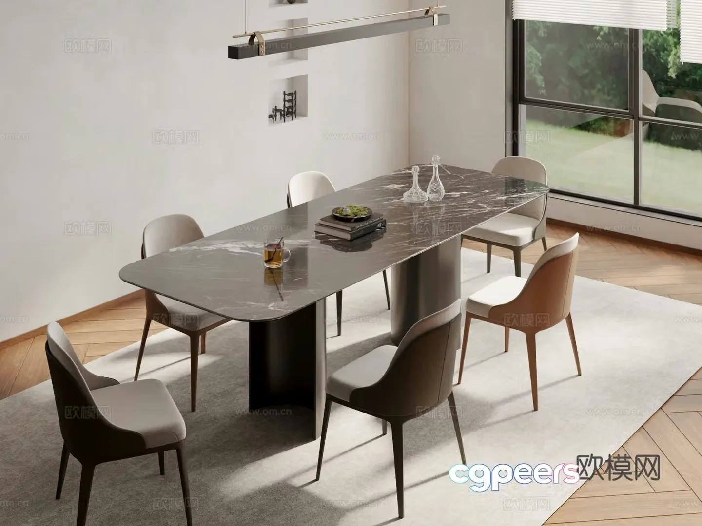 Modern slate dining table and chairs 3d model