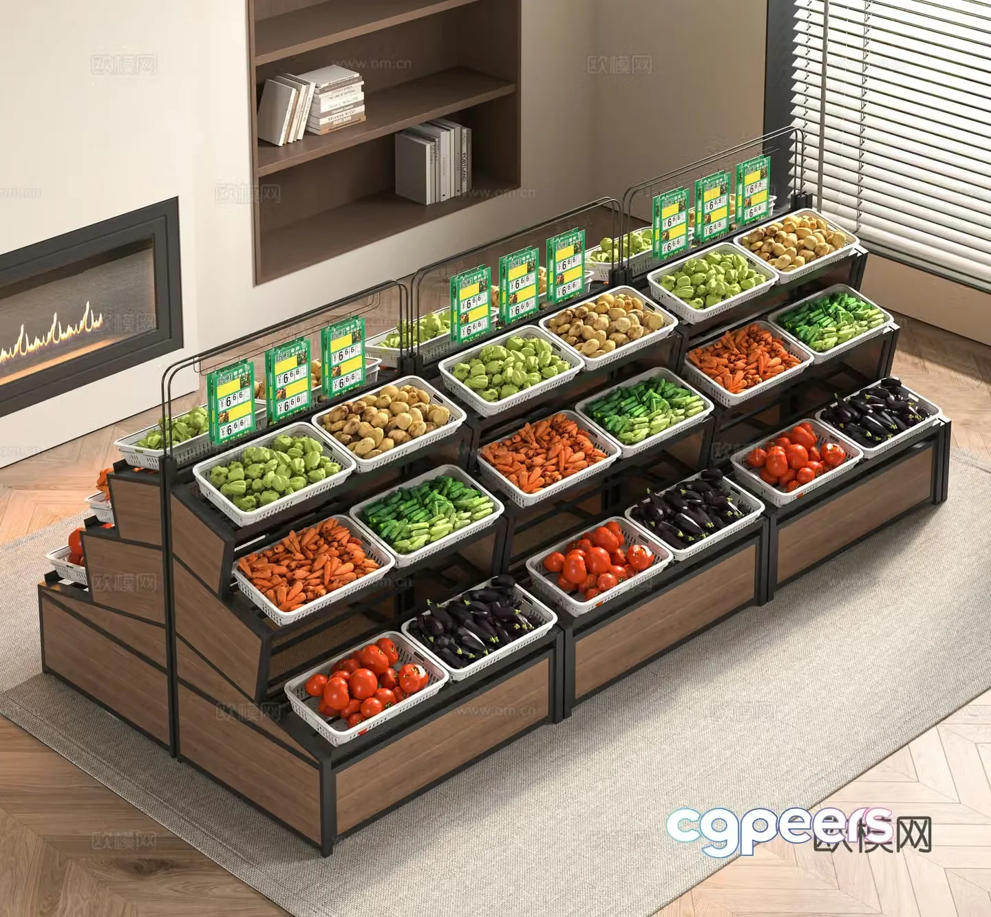 Modern fresh fruits and vegetables shelves 3D model