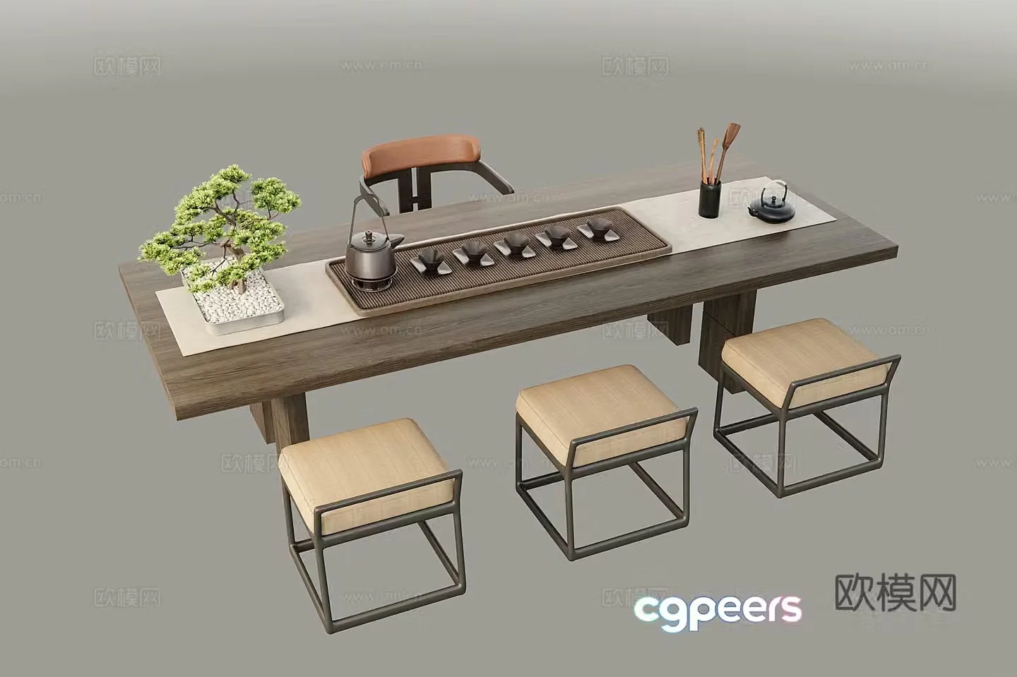 New Chinese tea table and chair New Chinese tea table and chair combination Tea set Potted ornaments 3D model