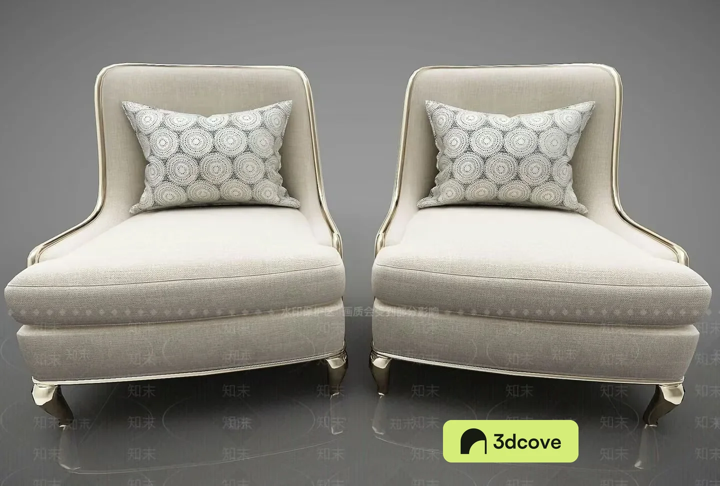 Two Matching Chairs With Light-Colored Fabric And Decorative Pillows