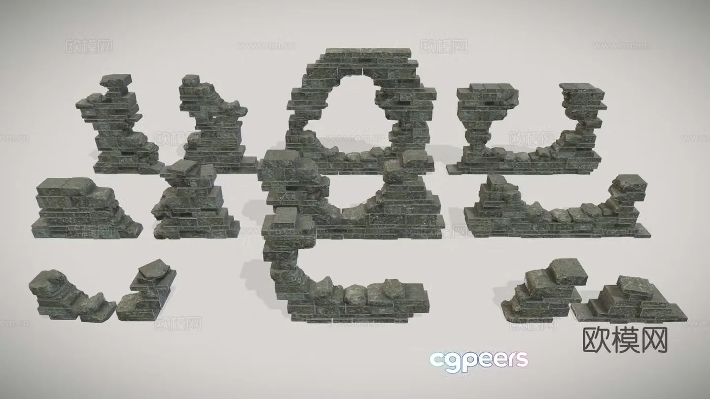 Medieval style stone wall architectural stone wall blue brick ruined city wall 3D model