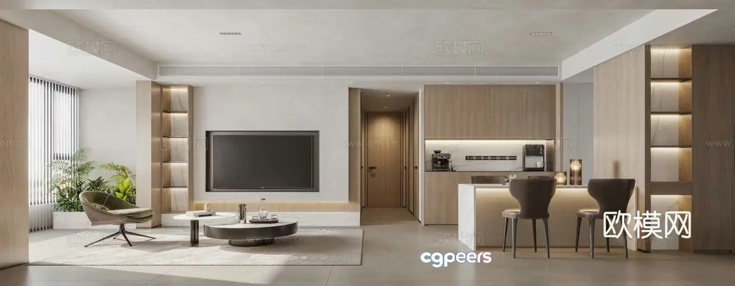 Modern living and dining room 3d model