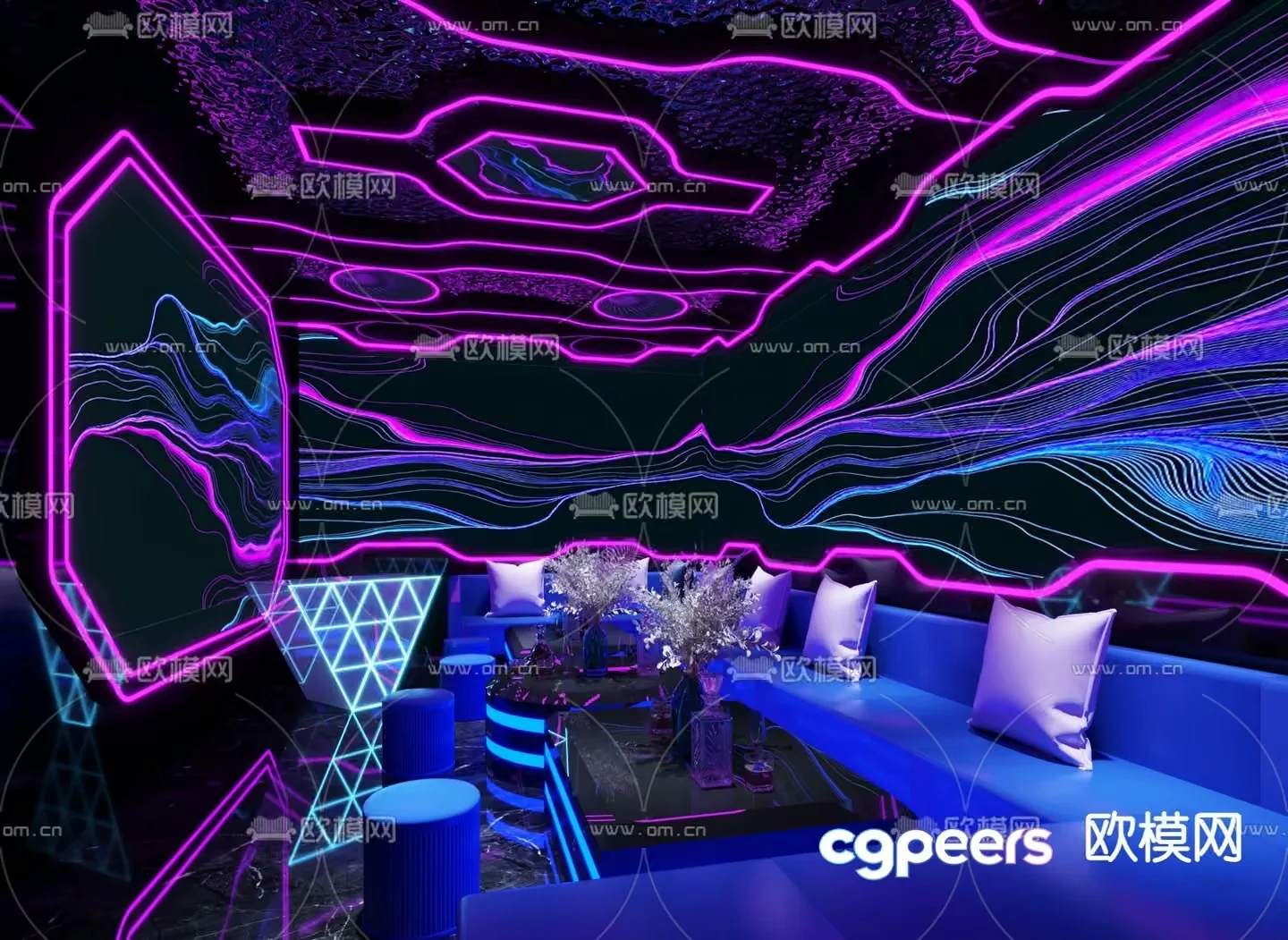 Modern Neon-Lit Lounge 3D Model – 16578 – VRAY Render