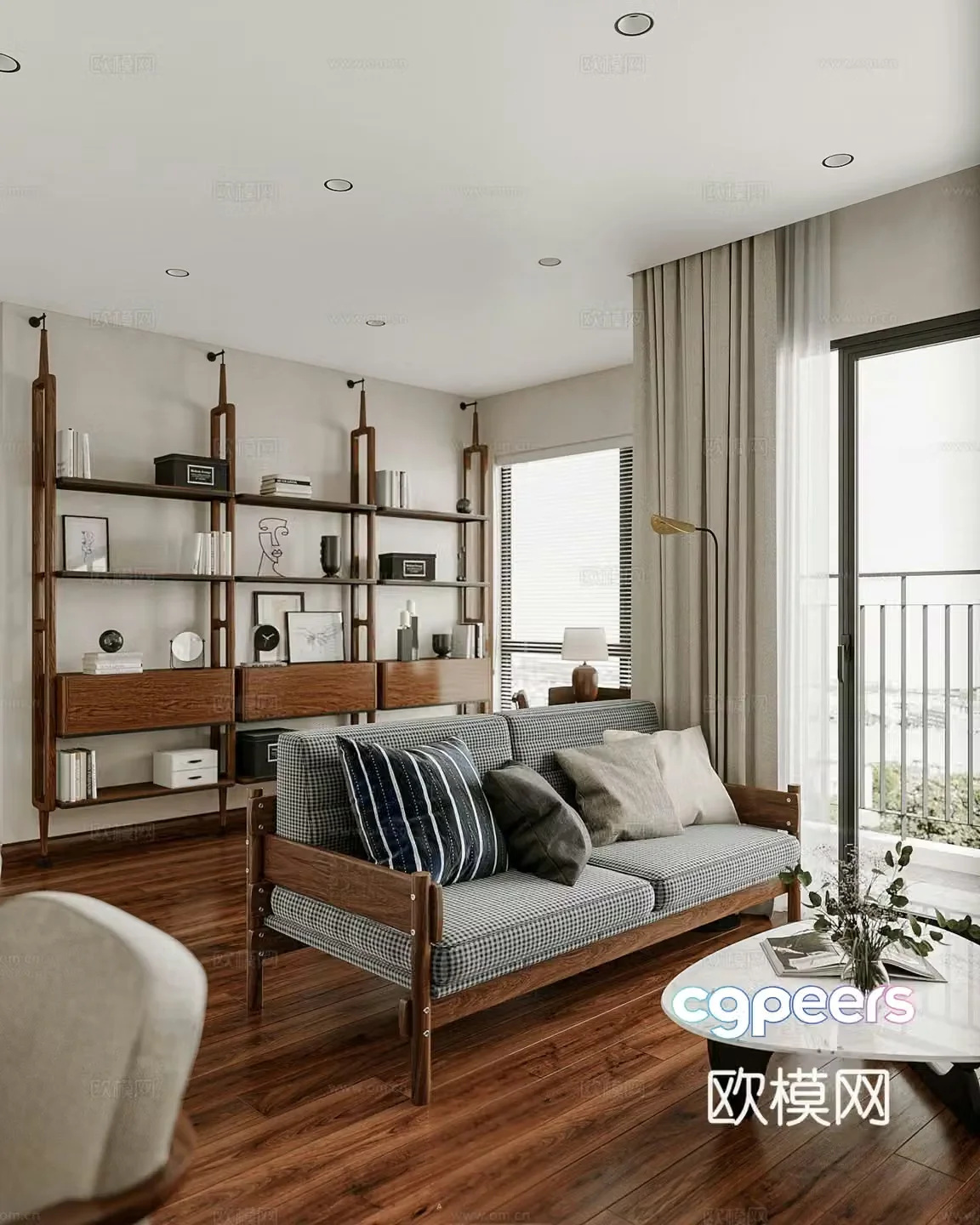 Middle style living room Middle style bookshelves modern living room Middle style sofa coffee table combination 3D model