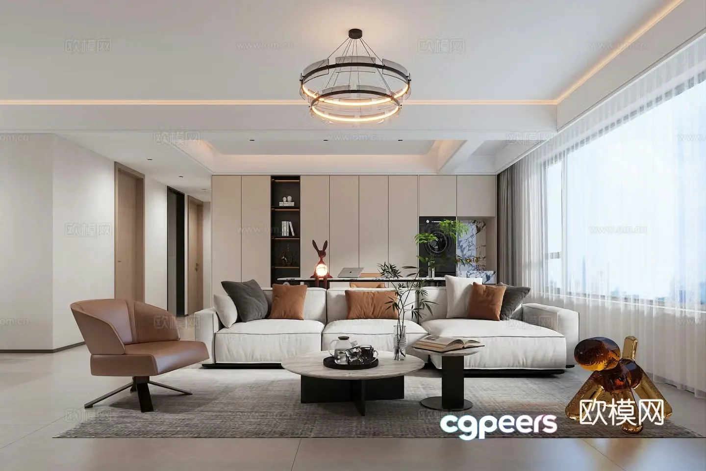 Modern living room fabric sofa leather single chair chandeliers open study 3d model