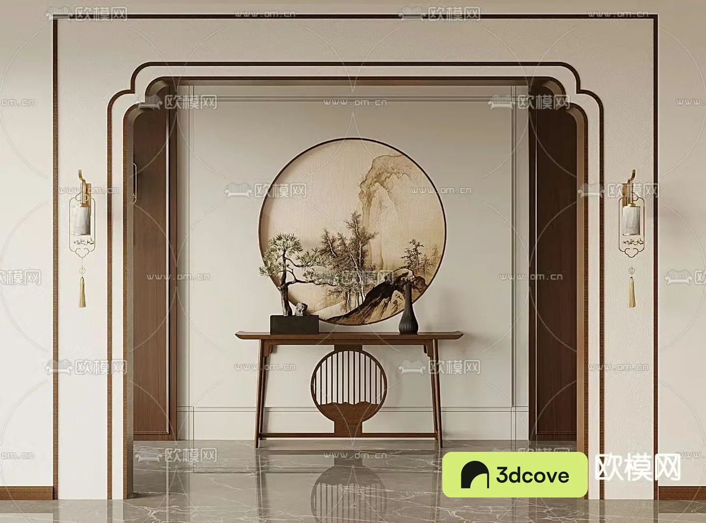 New Chinese style pass door frame 3d model of end view platform