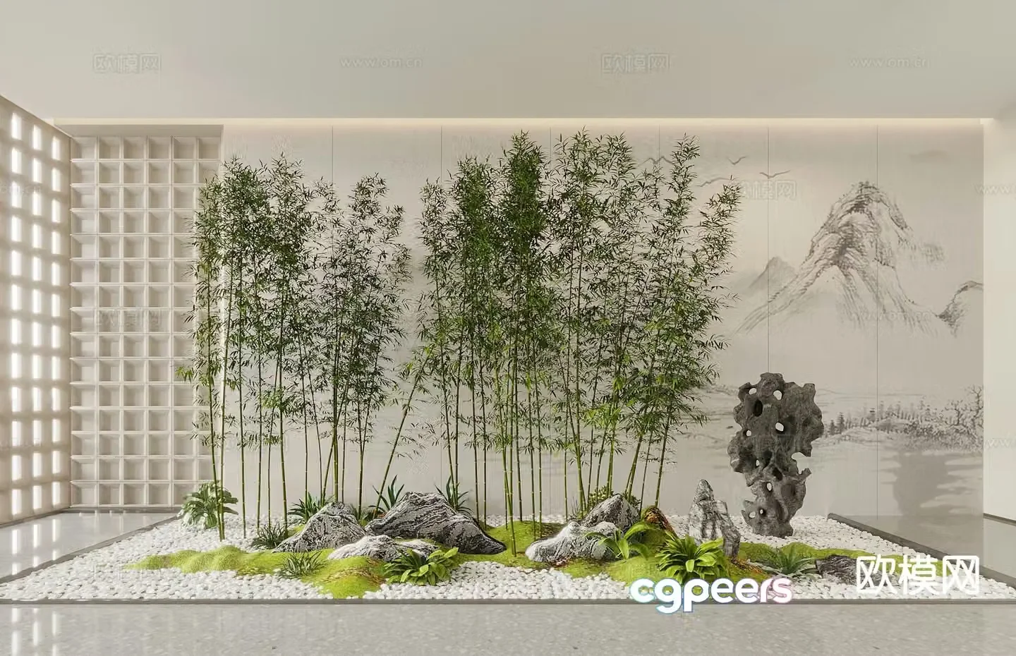 New Chinese style indoor landscape 3D model of indoor landscaping