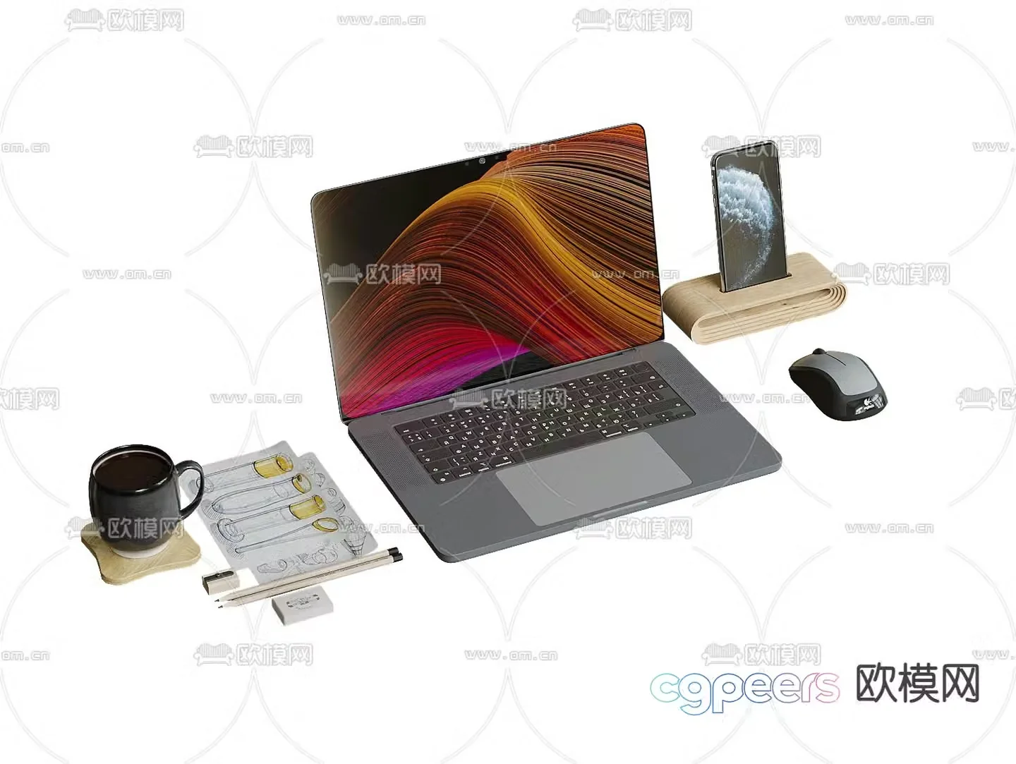 office supplies laptop mobile phone 3d model