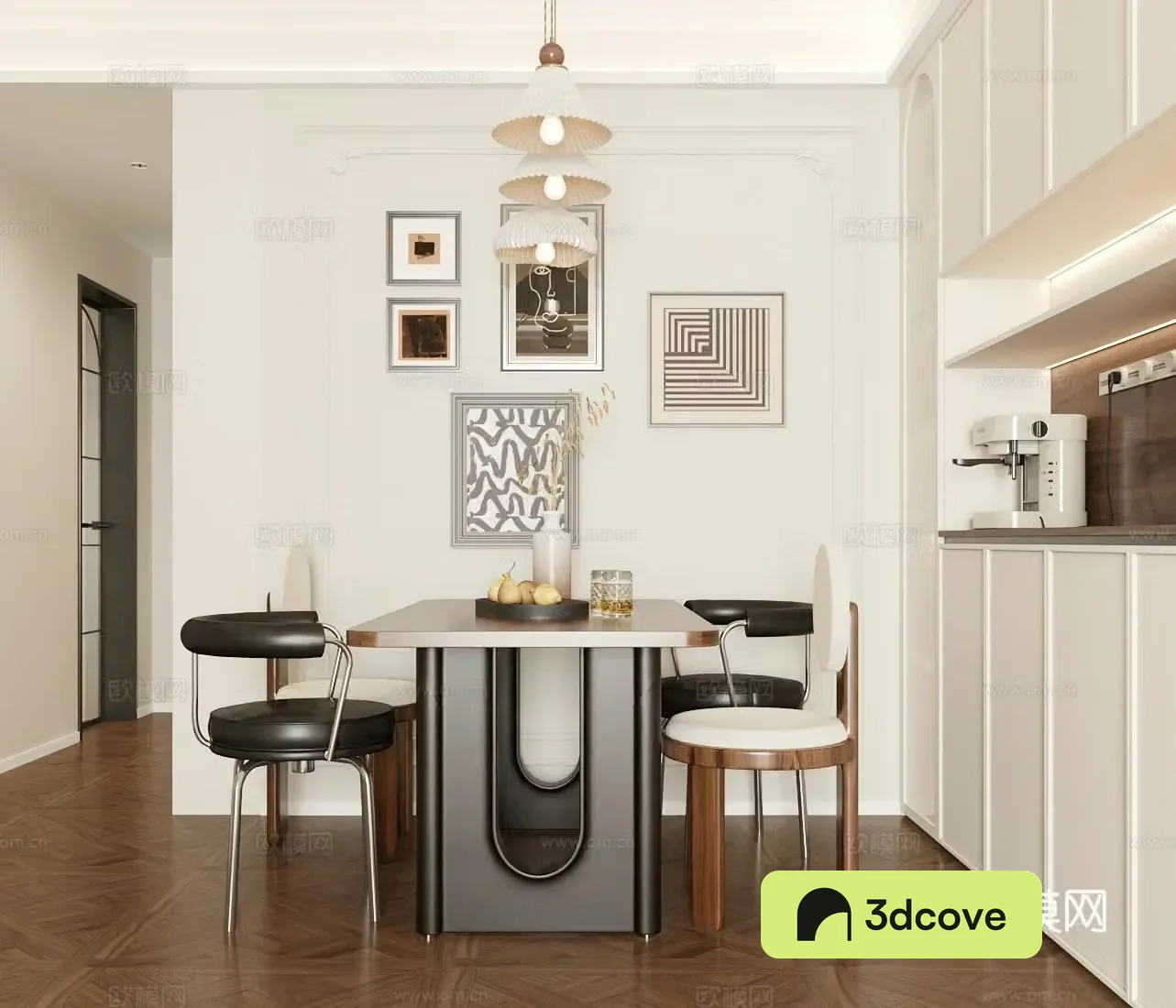 Middle-aged home restaurant dining table and chair combination sideboard 3D model