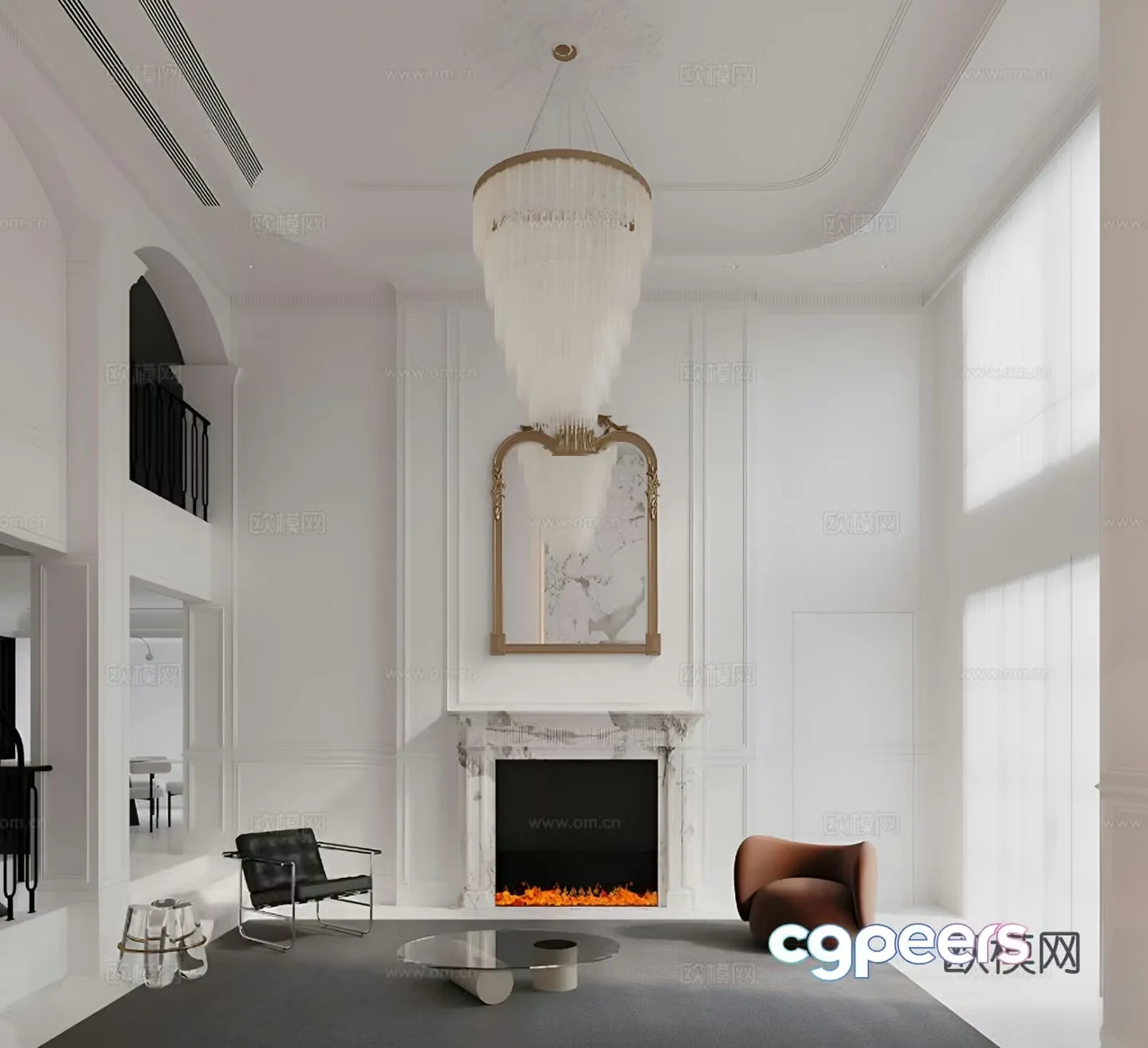 French empty villa living room fireplace stairs light luxury 3D model