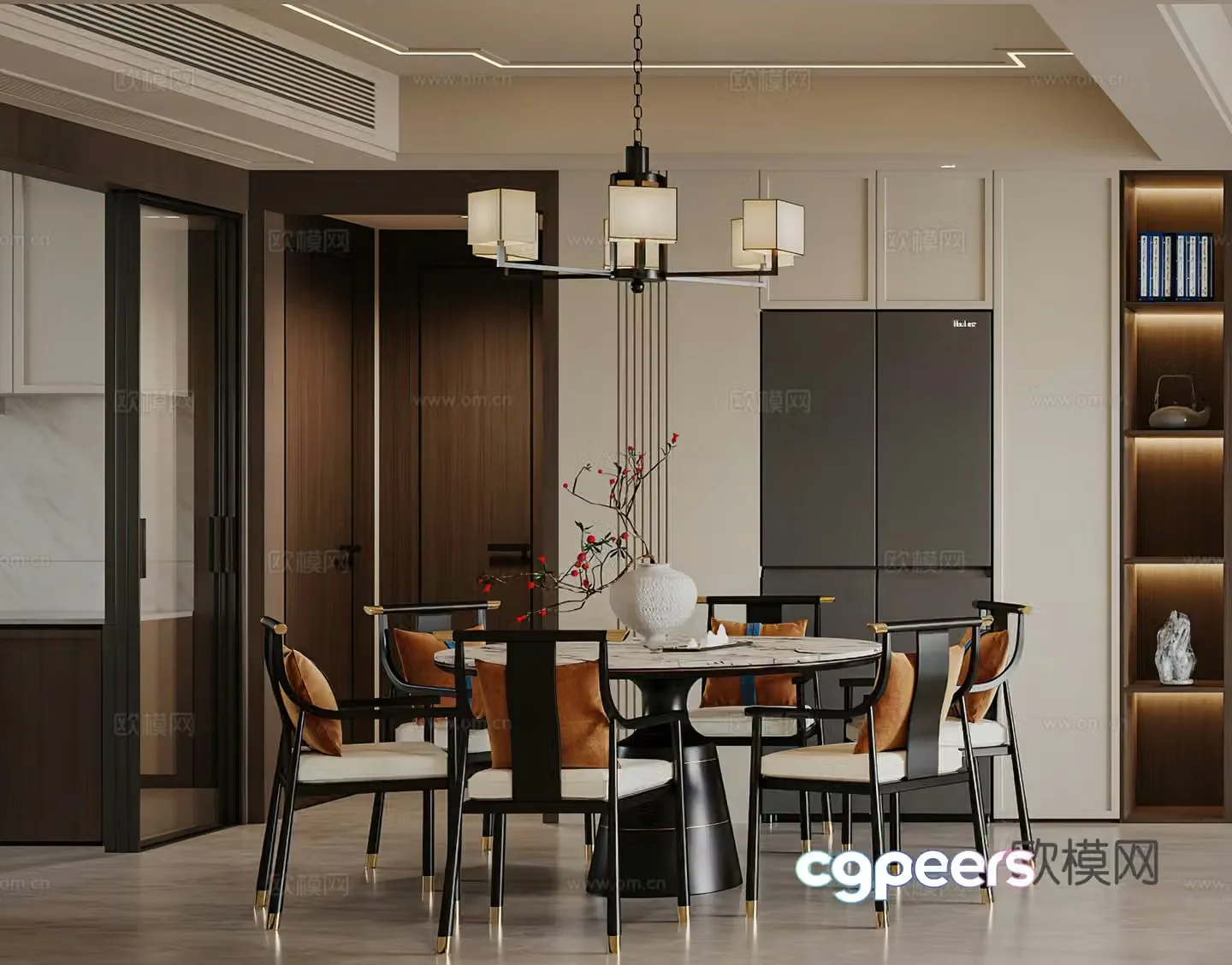 New Chinese restaurant wine cabinet round dining table New Chinese living restaurant chandeliers Middle style restaurant 3D model