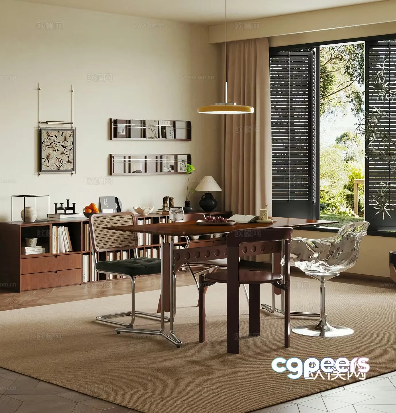 Middle style restaurant dining table and chairs sideboard 3D model