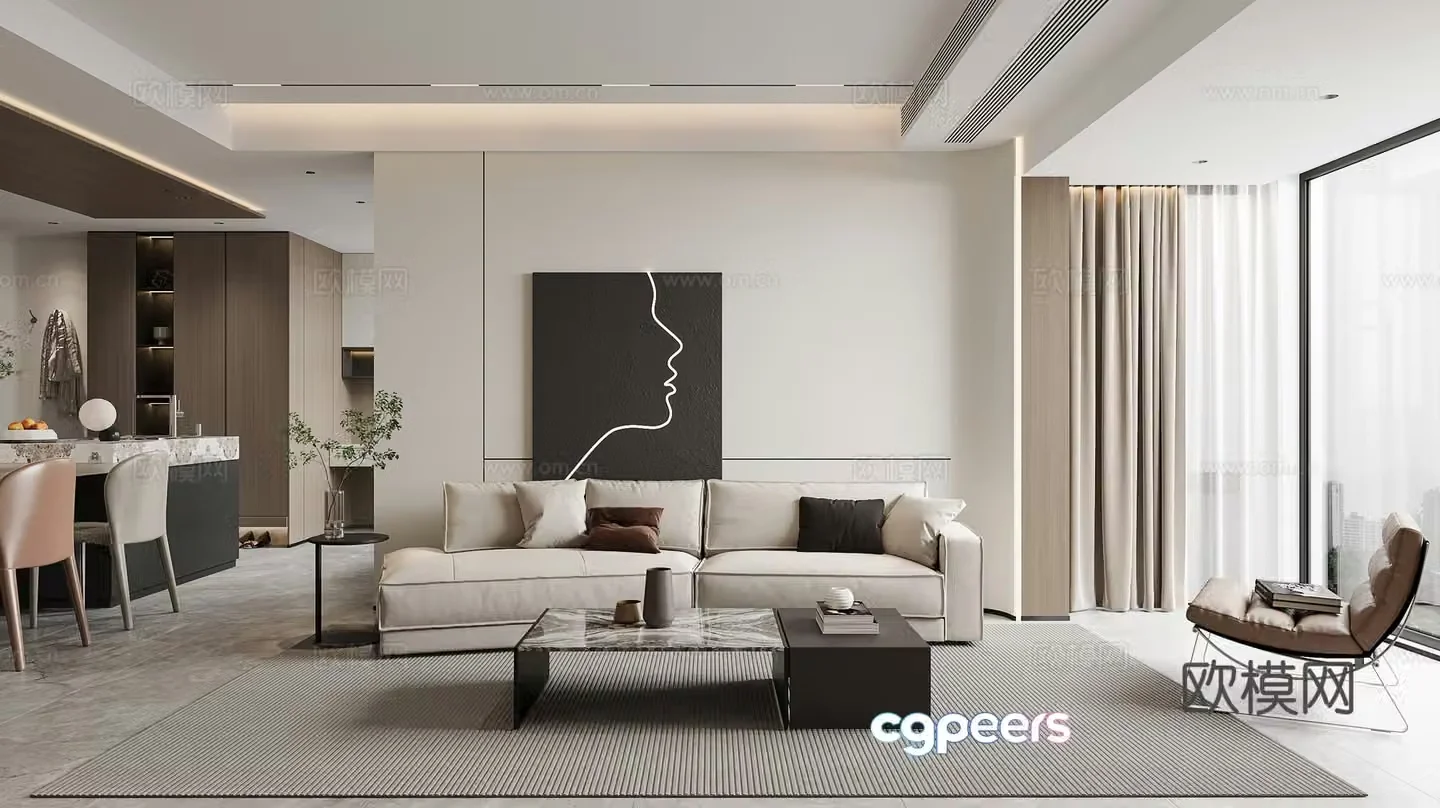 Modern living and dining room combination sofa leisure chair island dining table modern living room simple 3d model