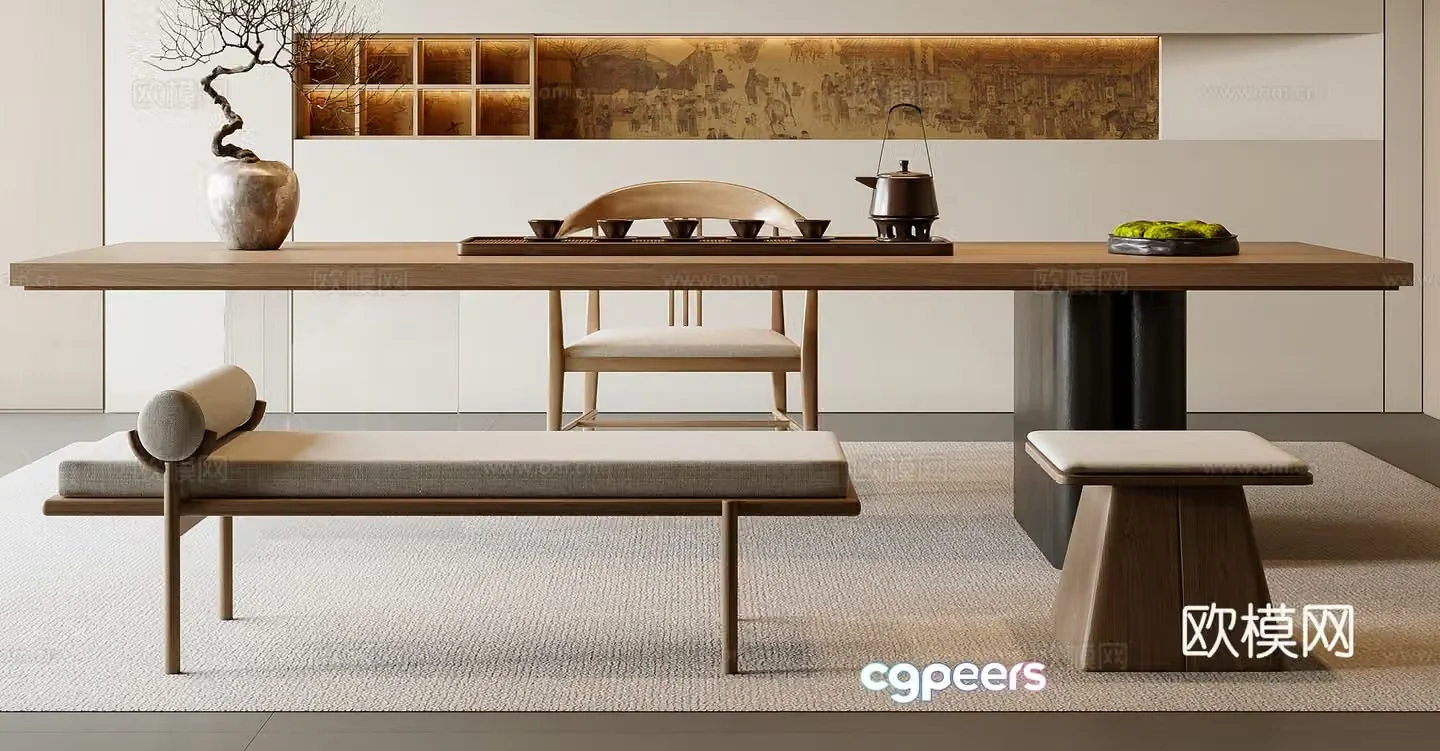 New Chinese-style tea table and chair combination 3D model