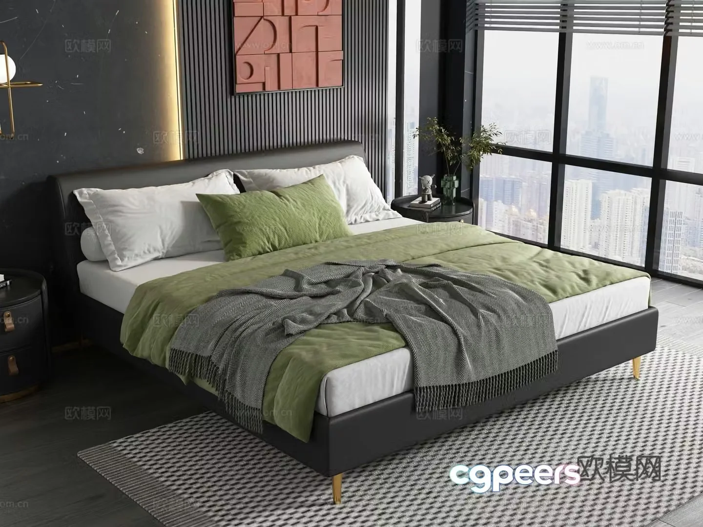 Modern black double bed 3d model
