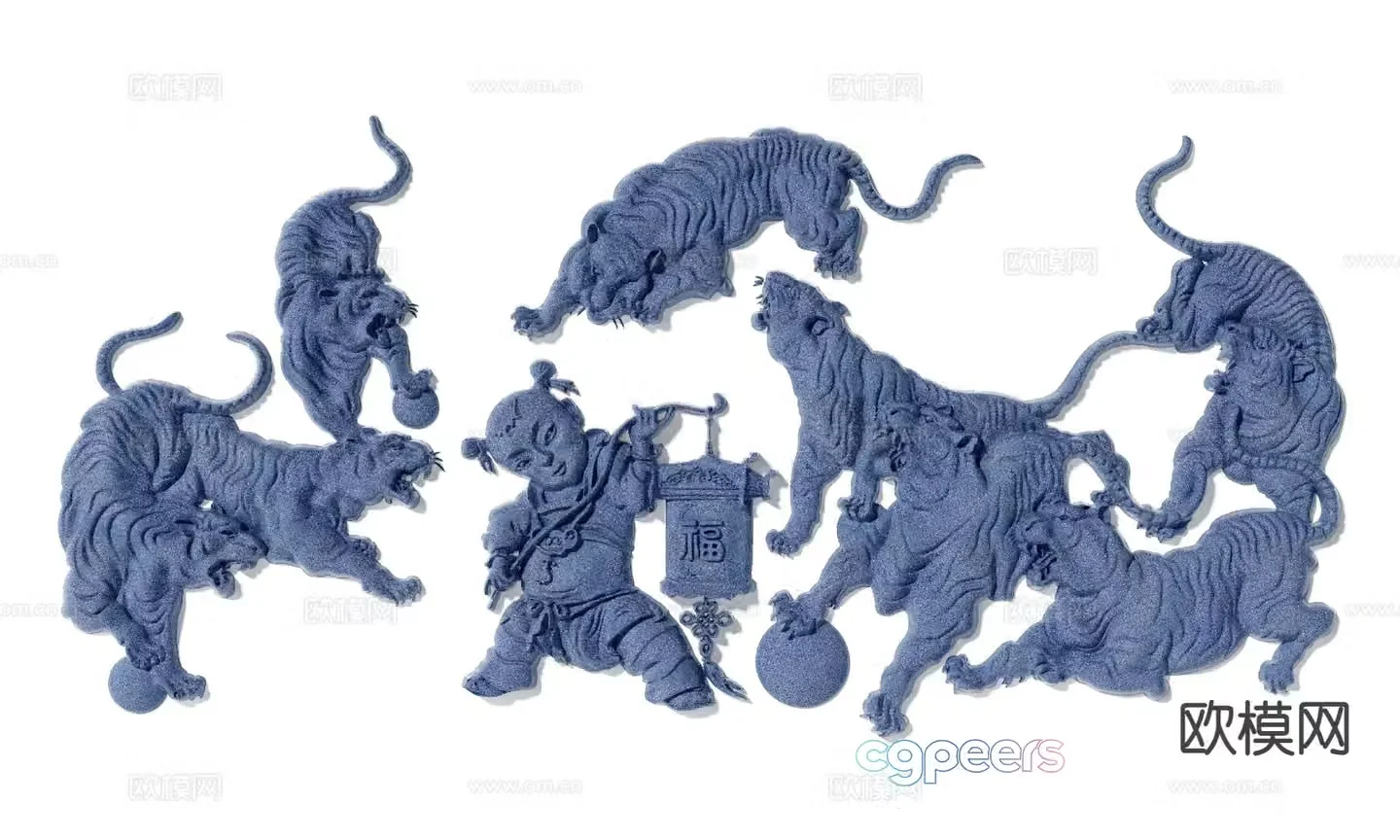 Chinese tiger carving stone carving wall decoration hanging decoration 3D model