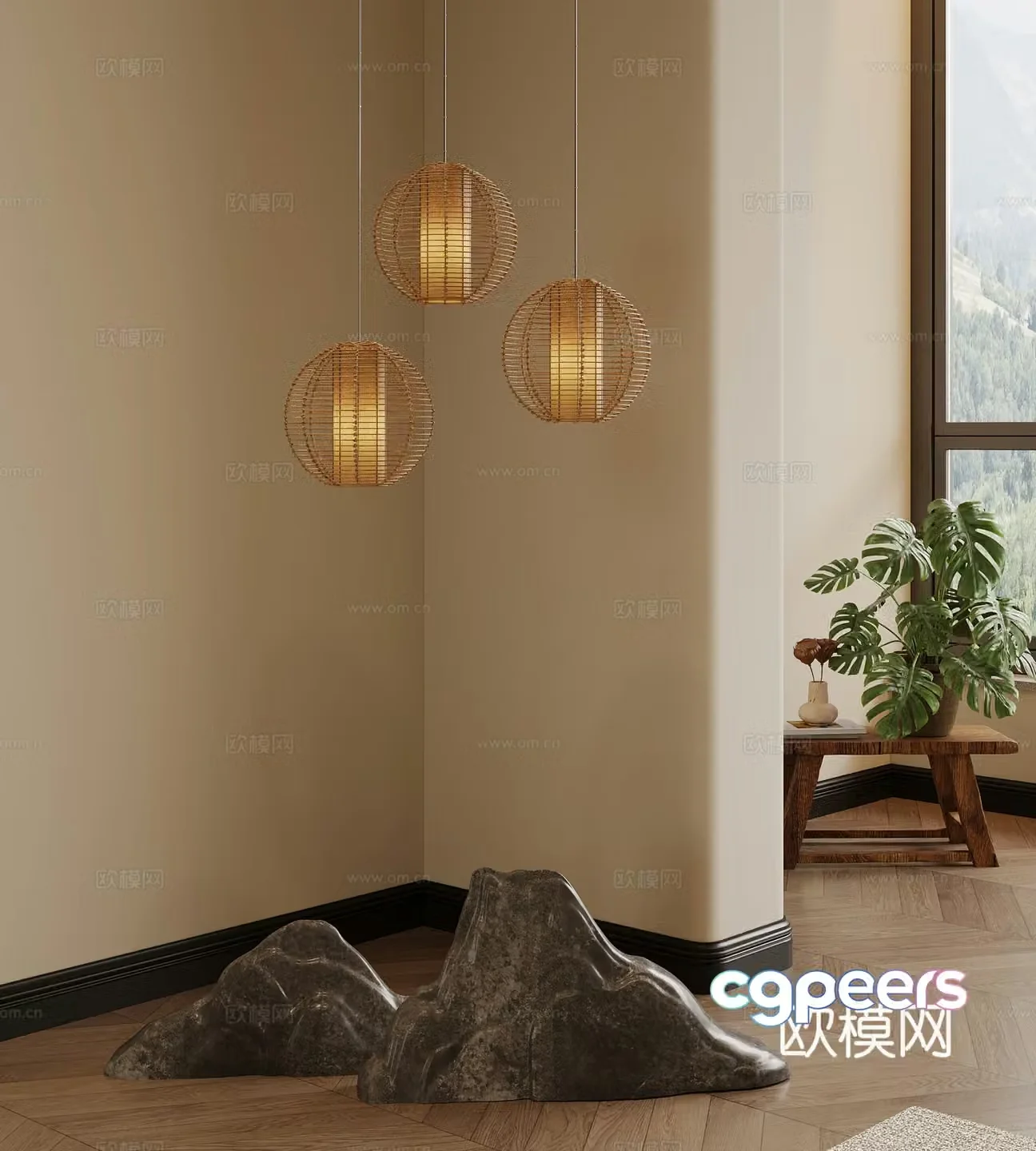 New Chinese chandeliers rattan lamps 3D model