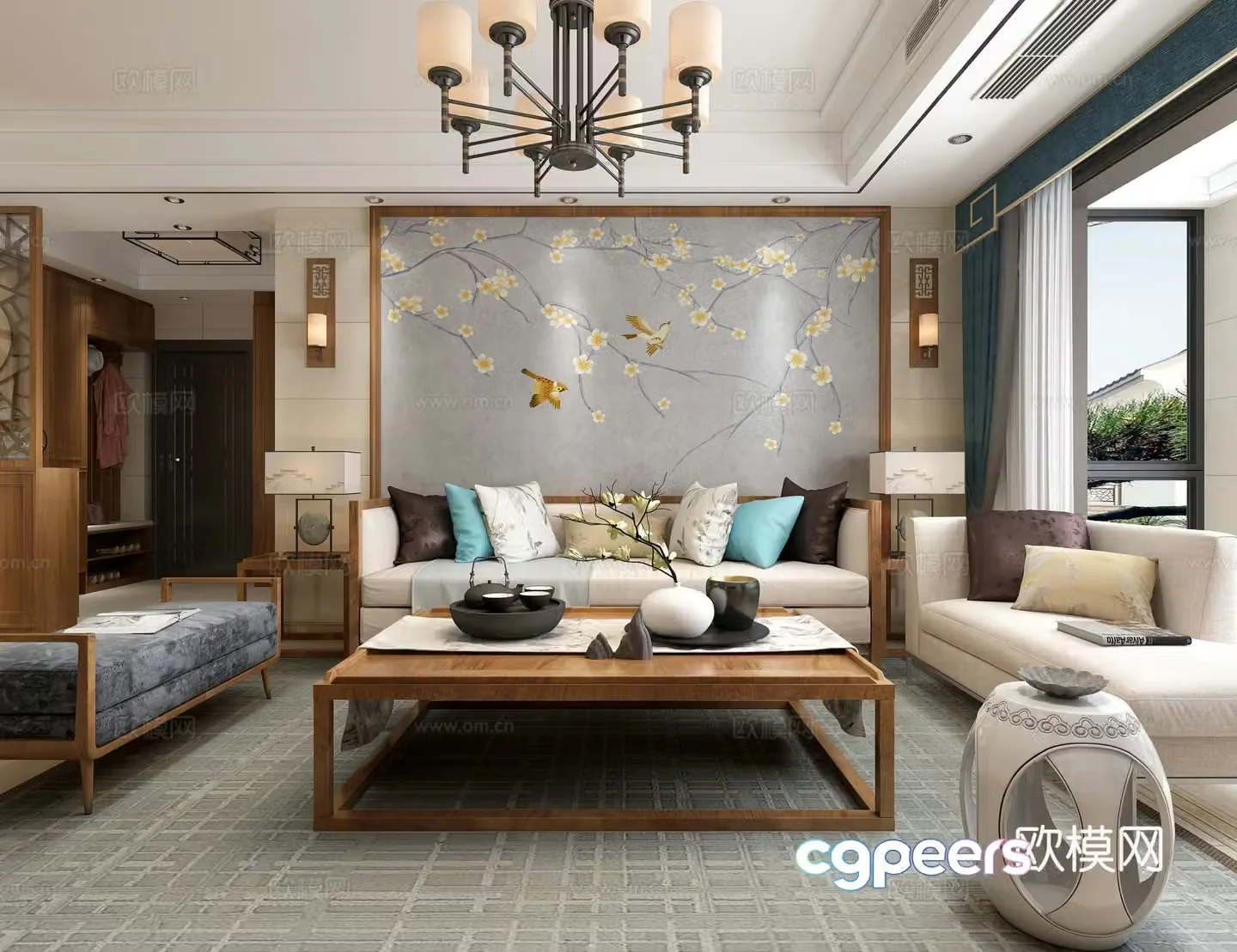 New Chinese style living and dining room sofa and coffee table dining table and chairs hanging paintings objects ornaments chandeliers 3D model