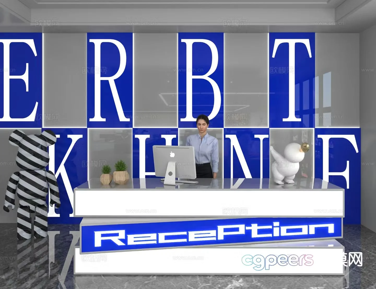 Modern front desk reception desk information desk office background 3d model