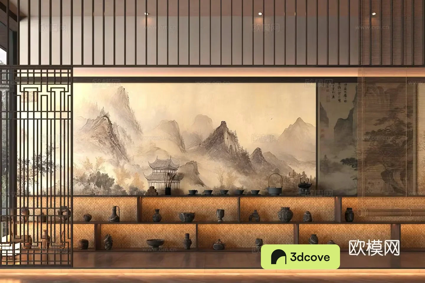 New Chinese-style Zen tea cabinet Song-style tea room cabinet Tea room background wall Whole row of tea cabinet Landscape painting