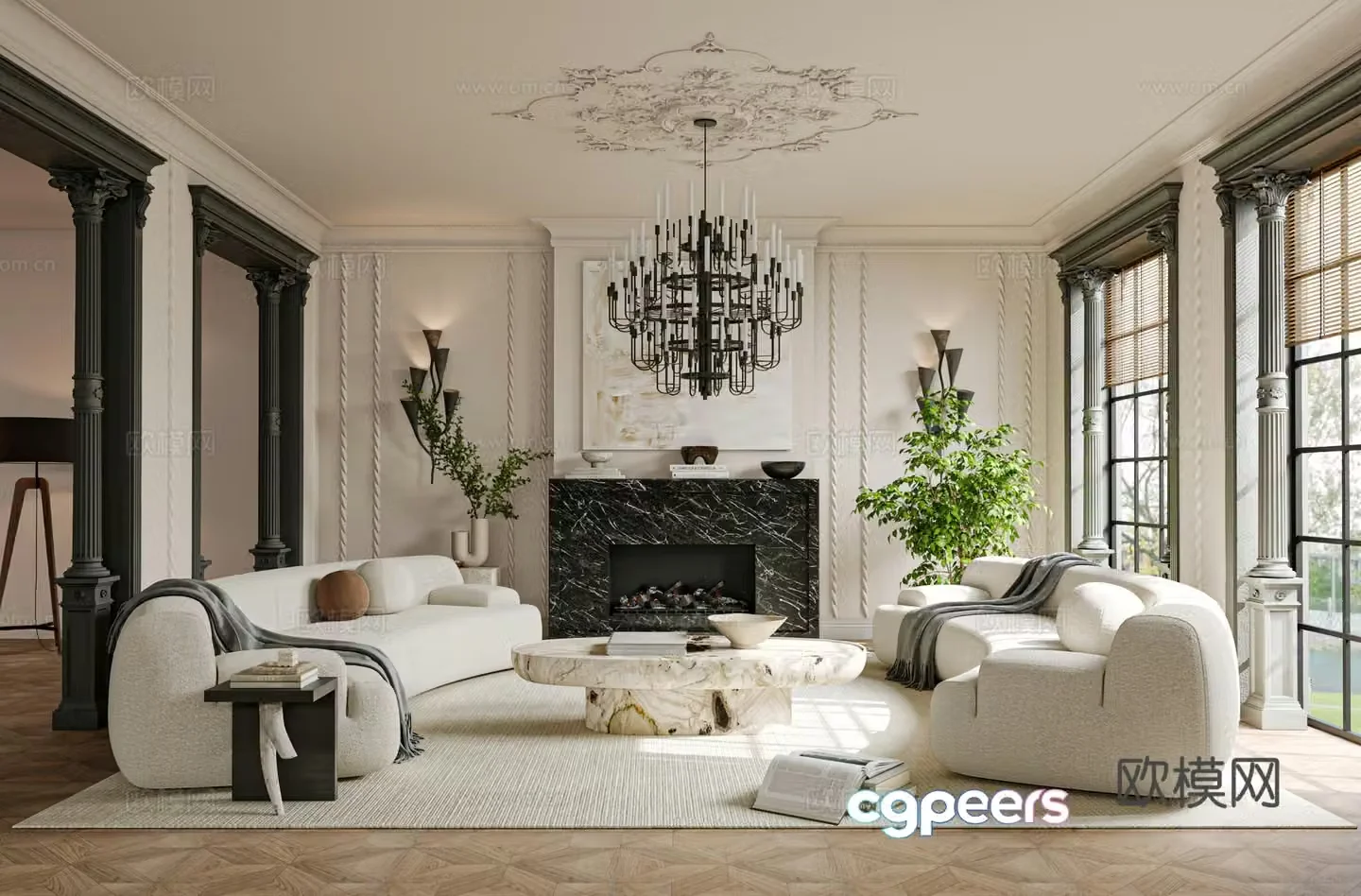French living room sofa single chair coffee table 3d model