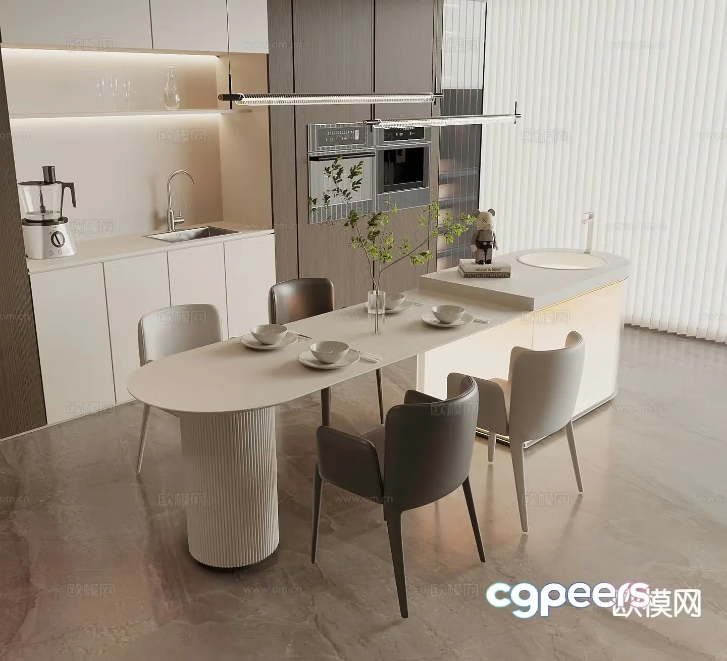Modern island table dining table and chairs 3d model