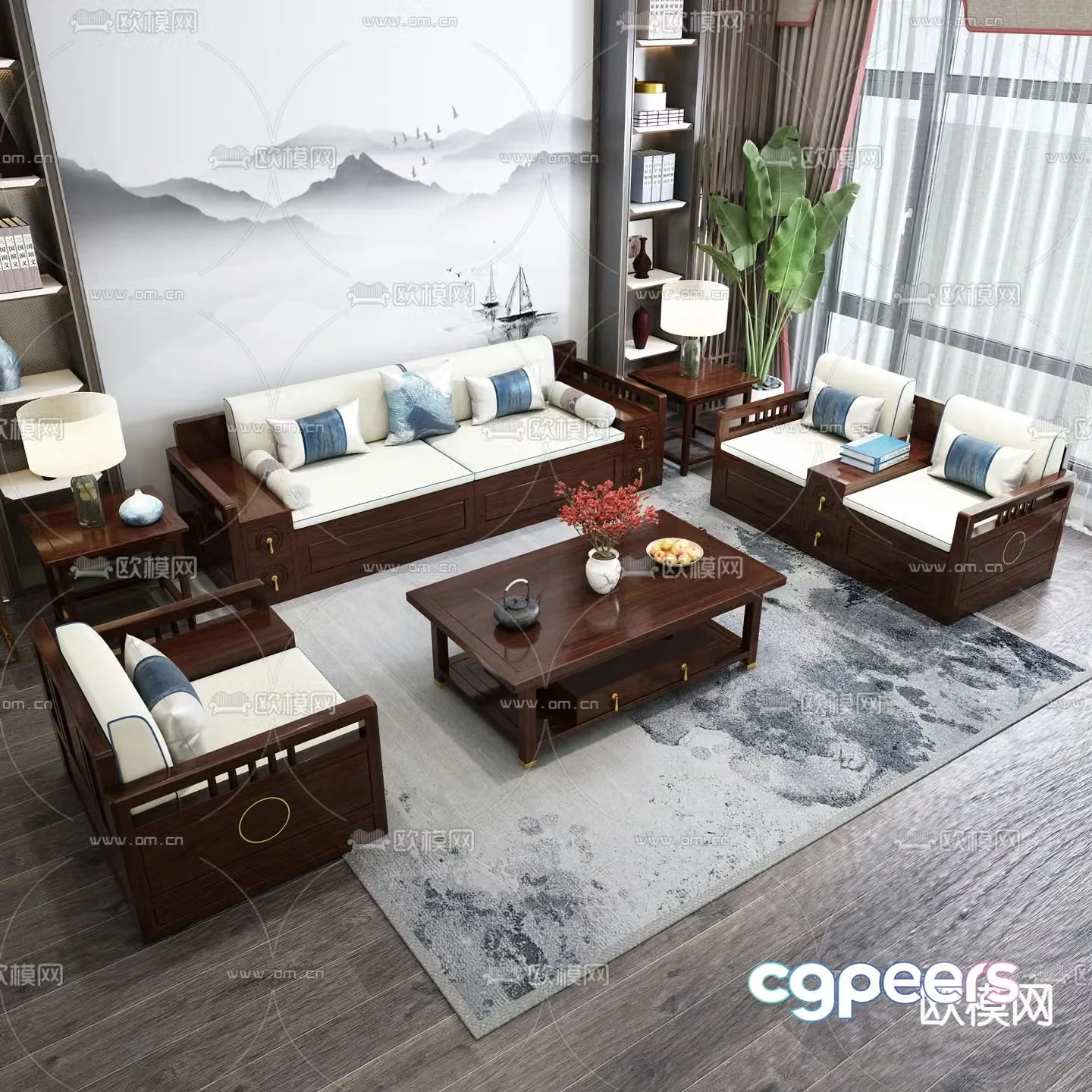 Chinese style living room modular sofa 3d model