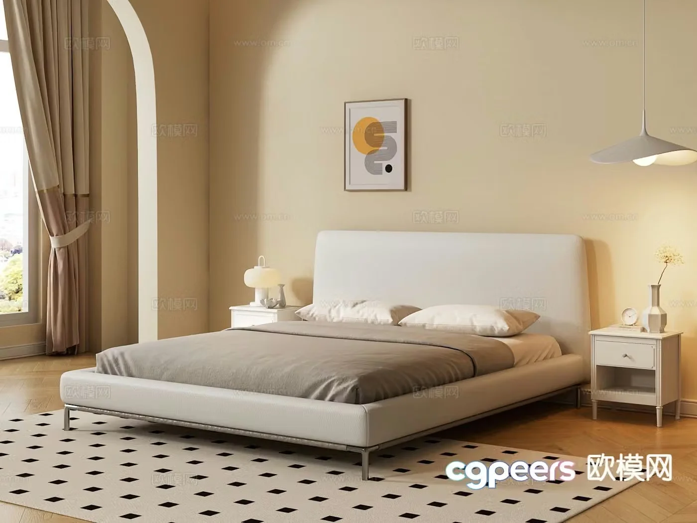 Cream style double bed 3d model