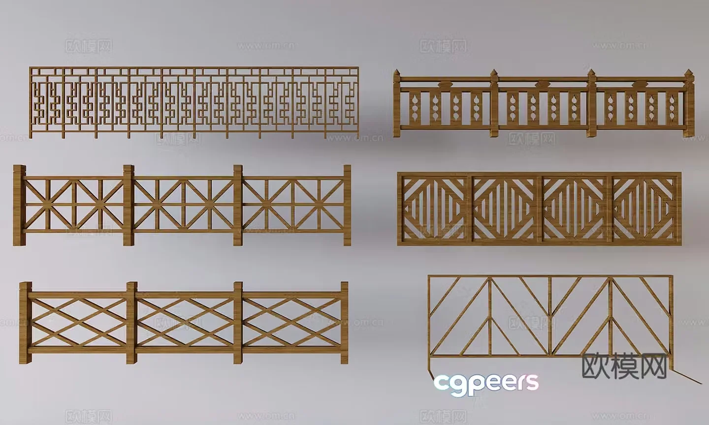 New Chinese style stair railing solid wood handrail fence hollow partition guardrail 3D model