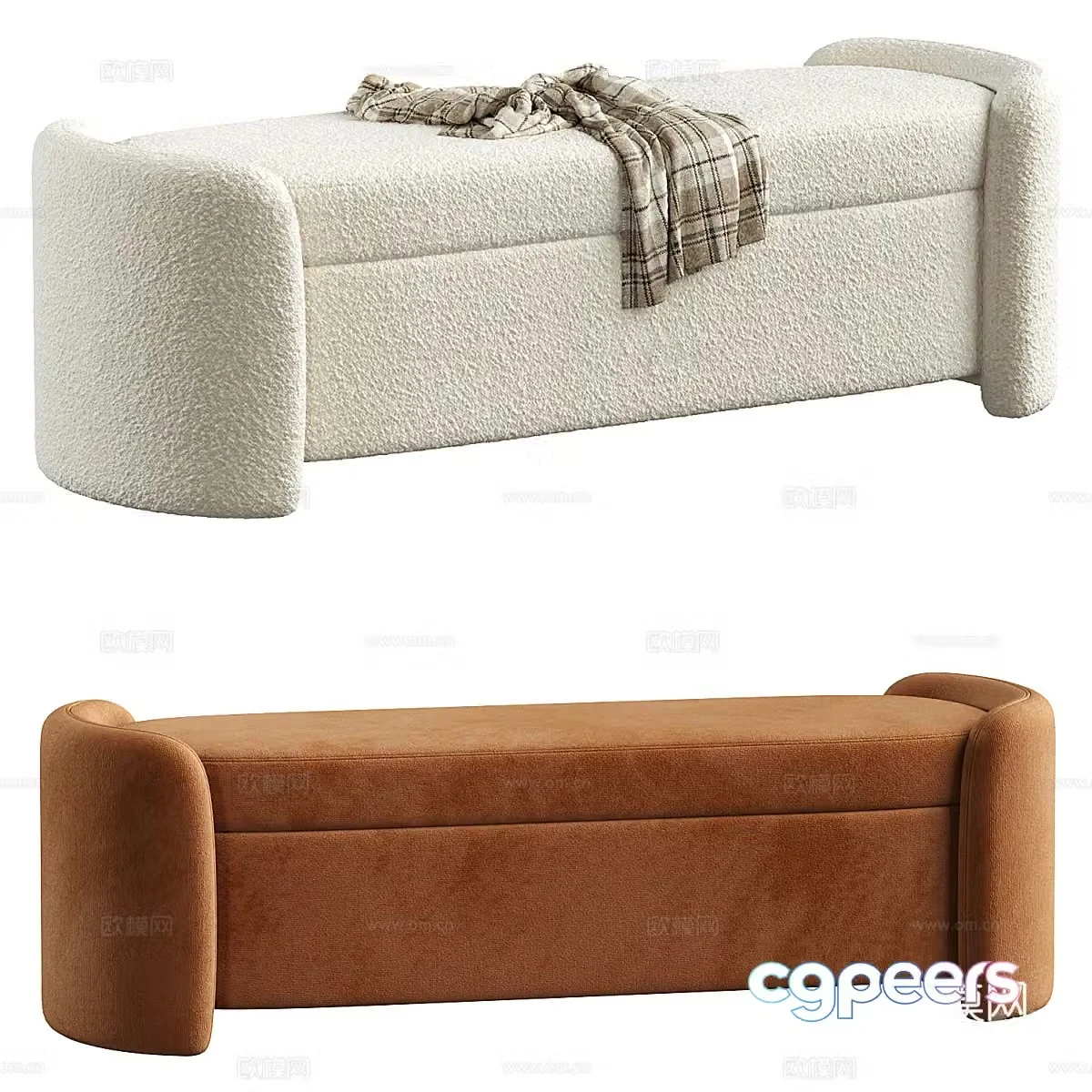 Modern cream style fabric bench strip stool tail stool 3d model