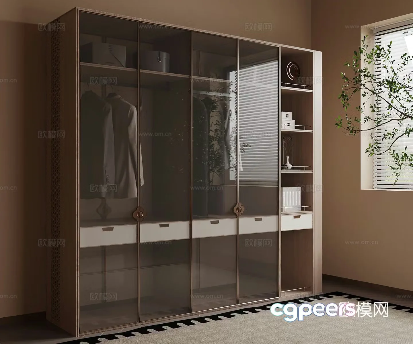 03 New Chinese style wardrobe glass cabinet door 3D model