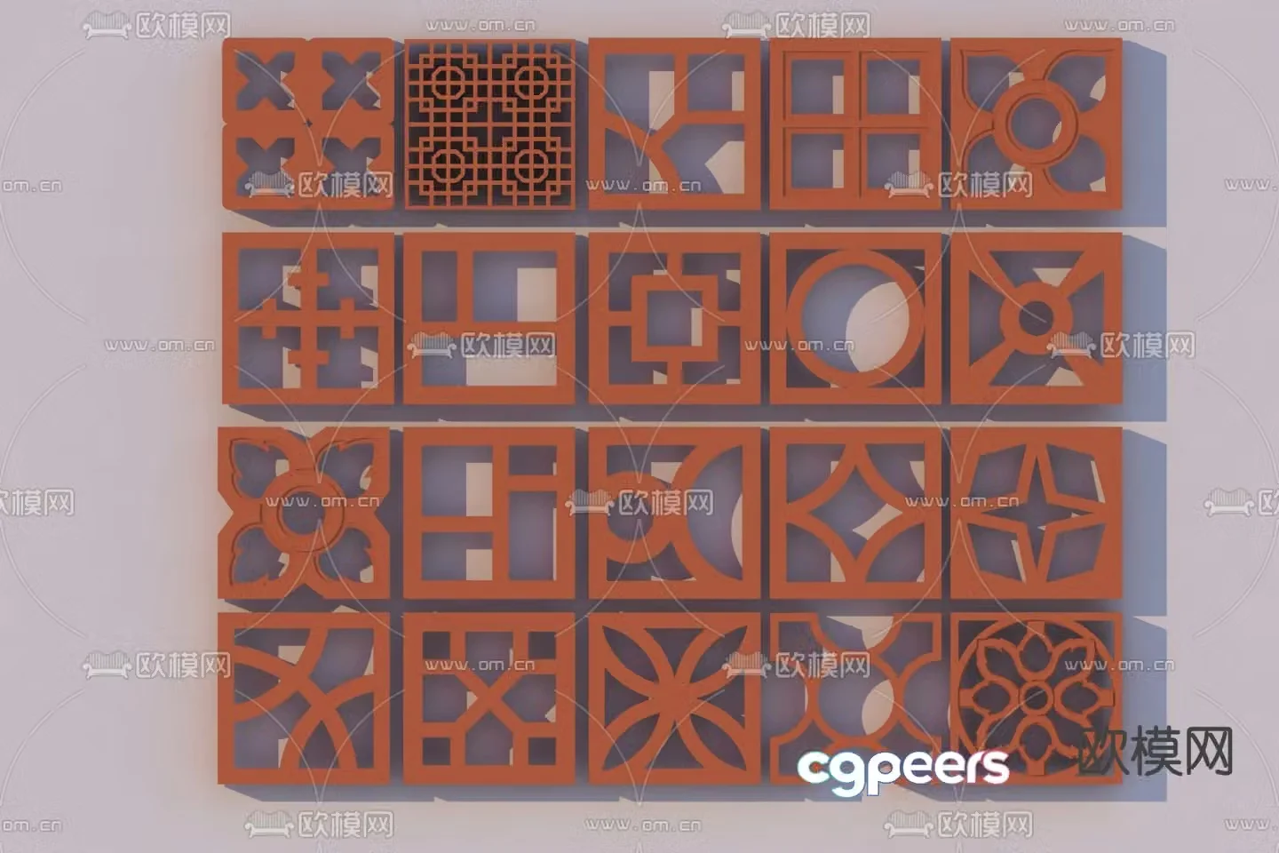 Hollow flower tiles red brick carved partition 3D model