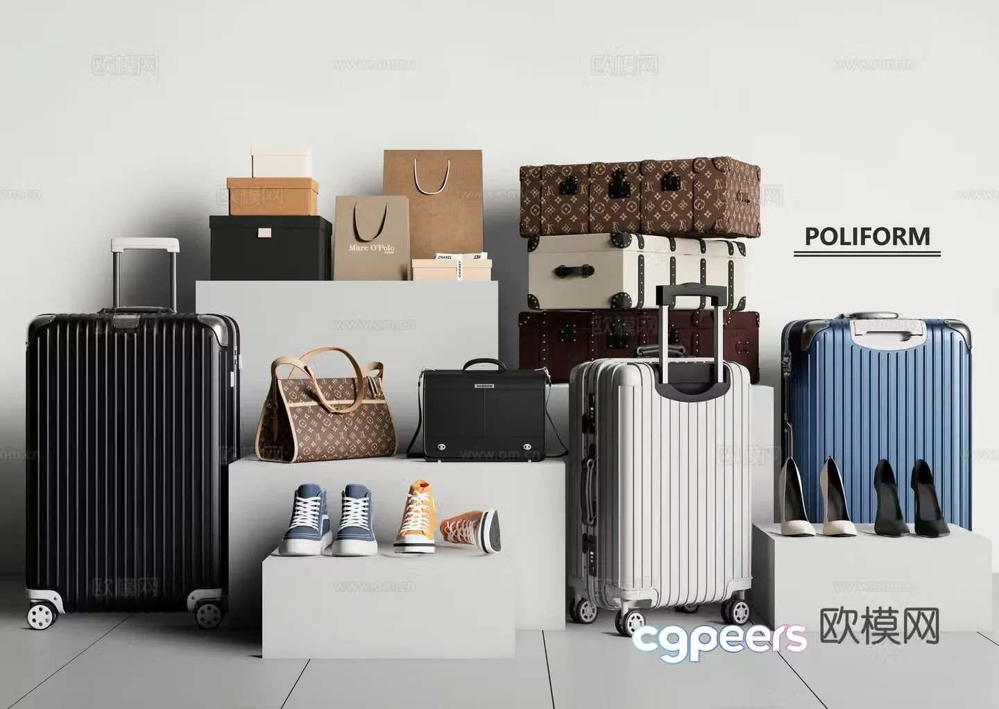 Luggage trolley suitcase bag shoes 3d model