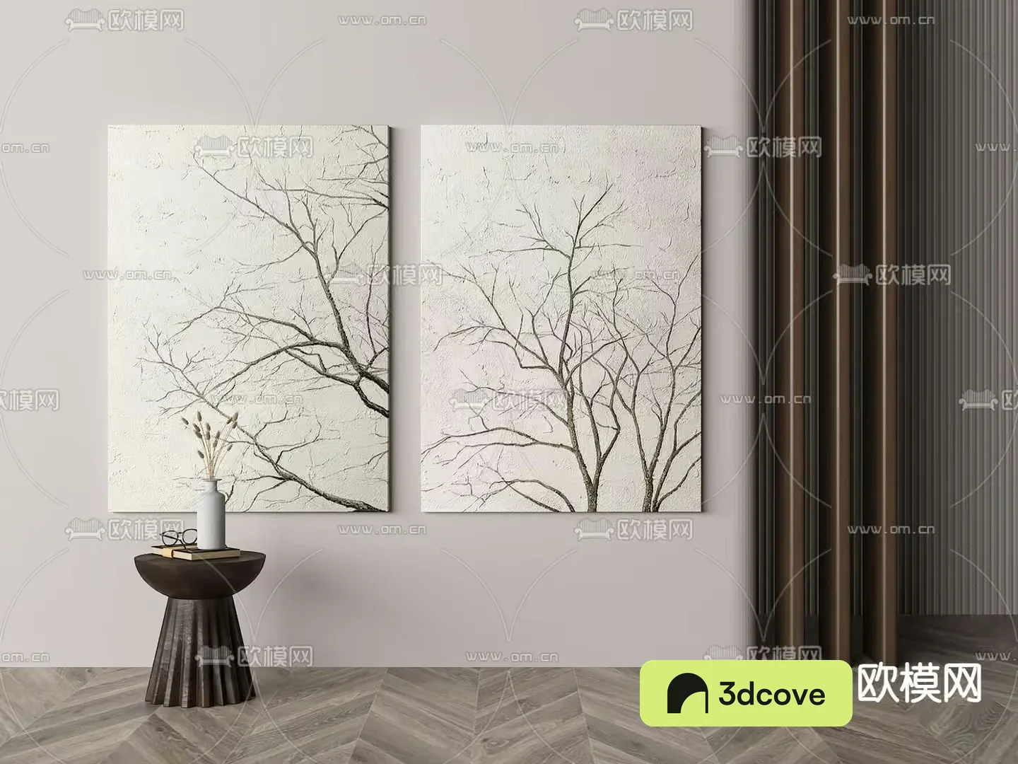 Two Large Paintings Of Bare Trees On A Wall
