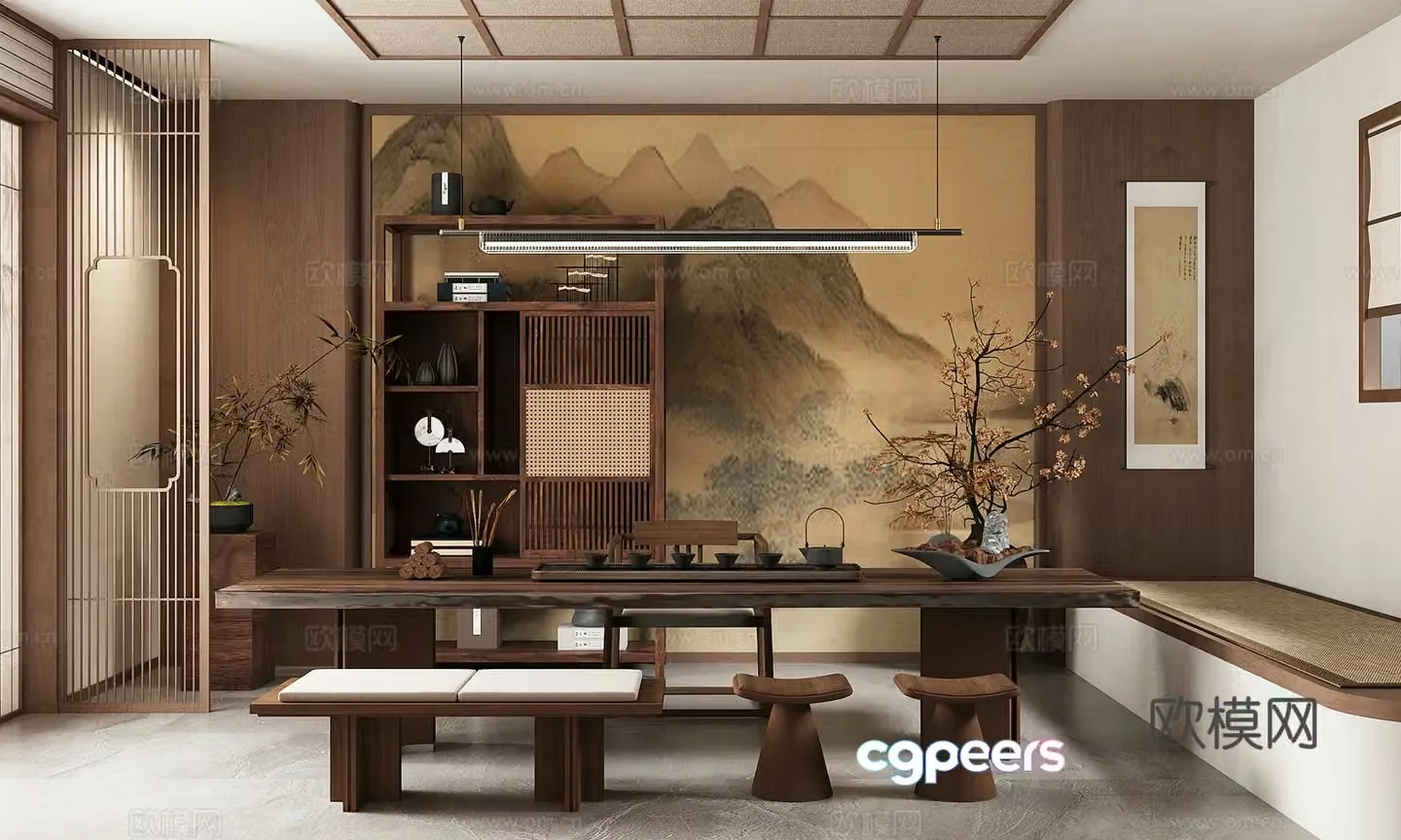 New Chinese-style tea room tea table and chair combination family tea room tea set bogu rack 3D model