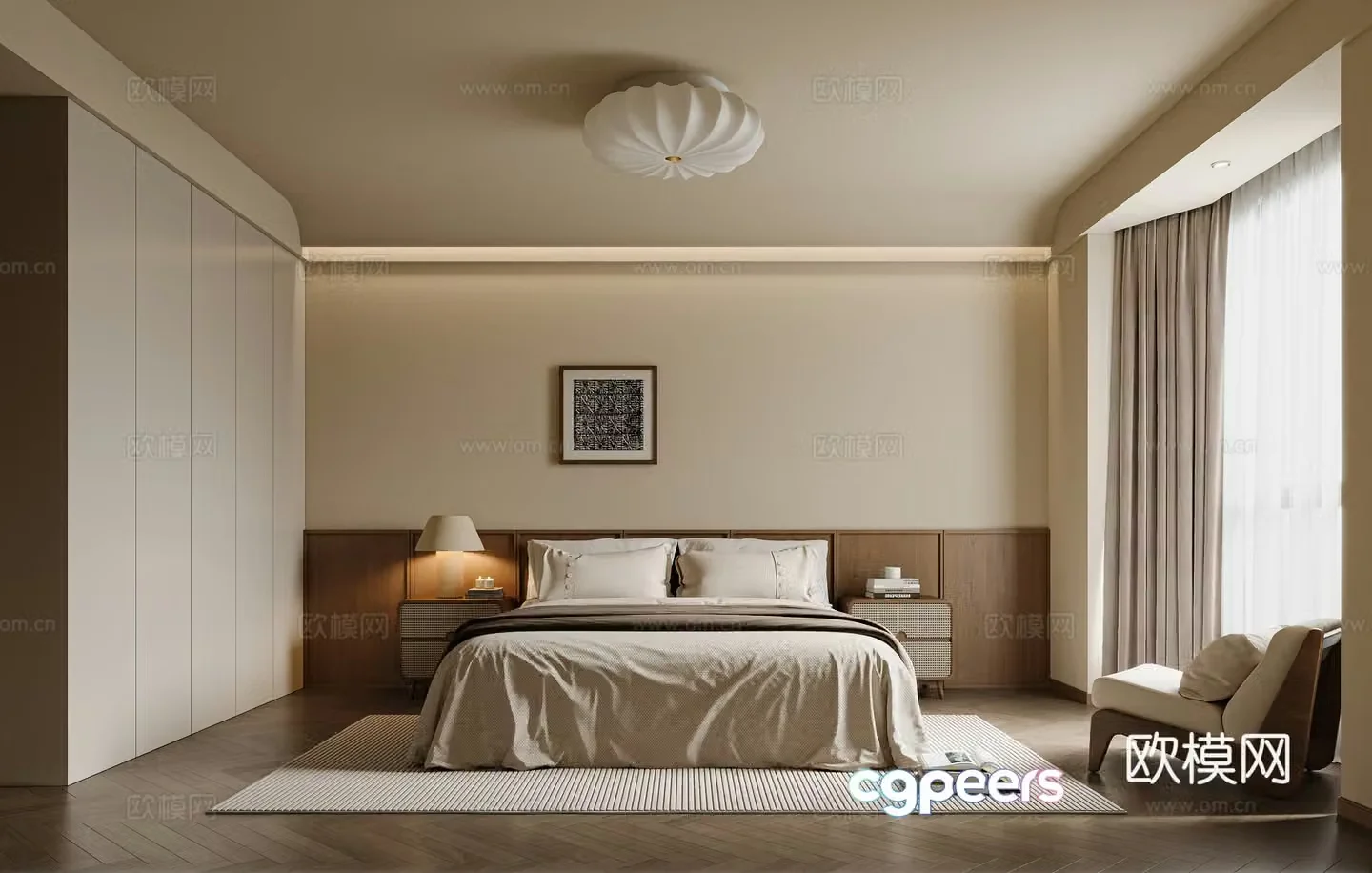 Medium-old bedroom bed bed background Medium-old ceiling light Medium-old single chair Single sofa Medium-old floor 3D model