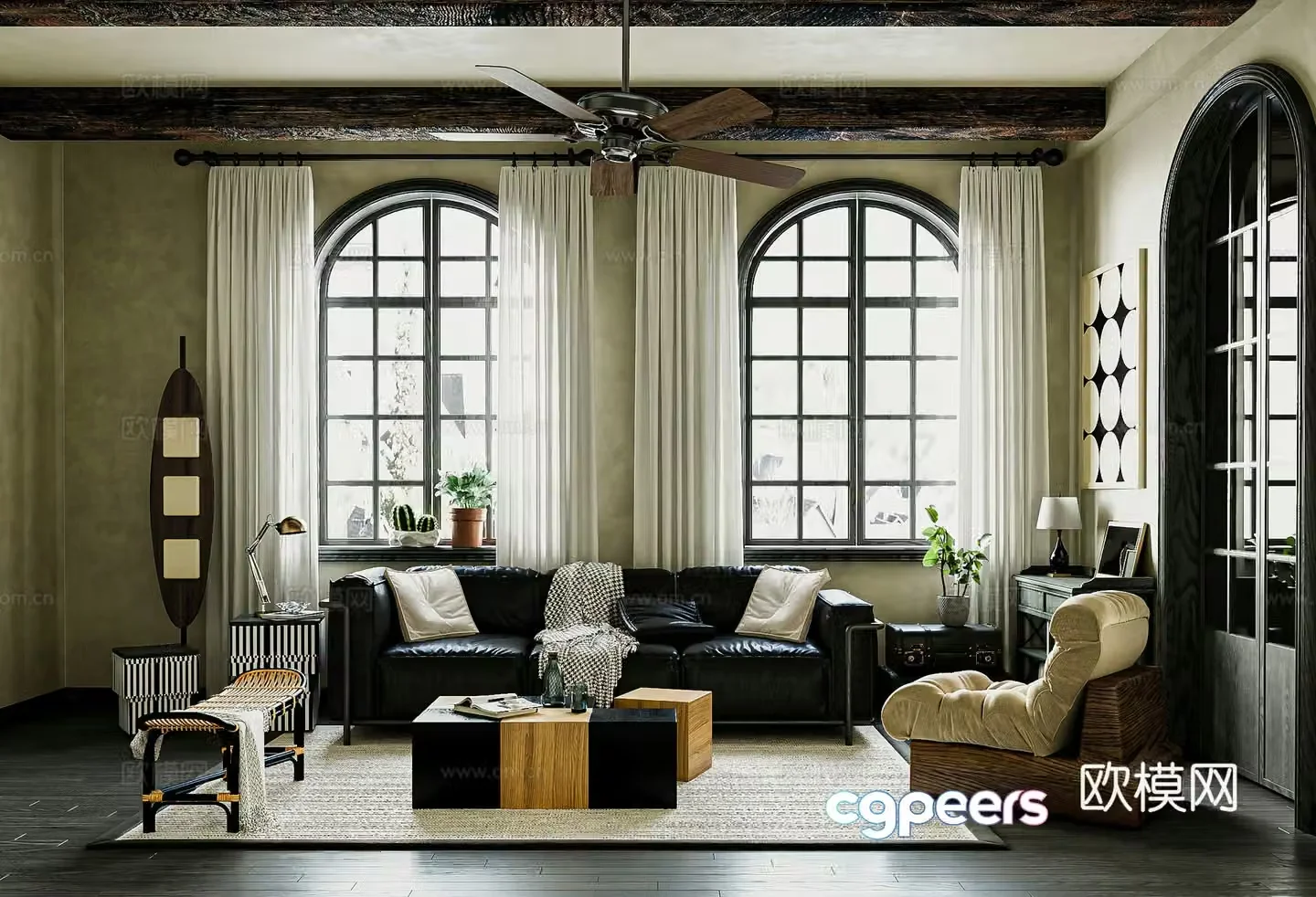 American retro villa living room oily wax leather sofa rattan bench floor lamp side cabinet 3D model