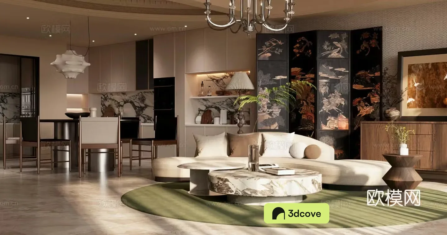 Middle-aged home living and dining room retro style living and dining room New Chinese style living and dining room Middle-aged dining table and chair 3D model