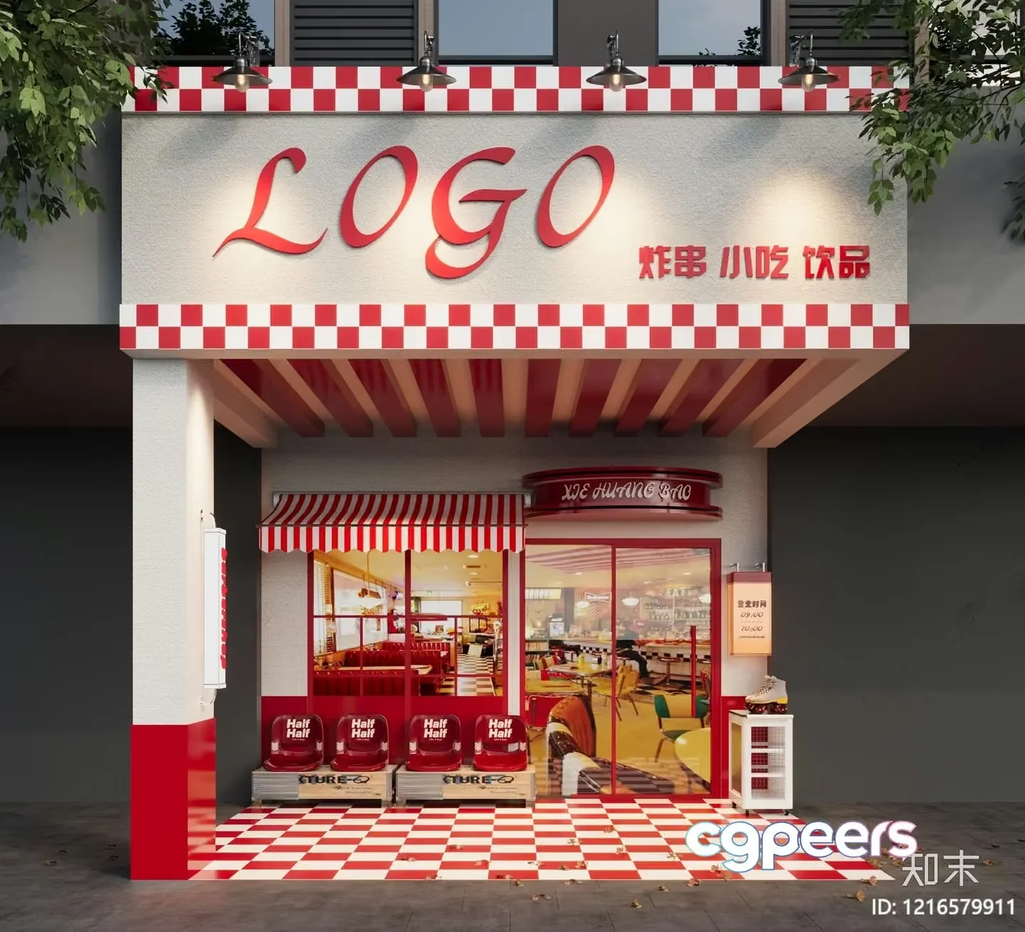 A Storefront With A Red And White Checkered Pattern 3D Model – 14177 – VRAY Render