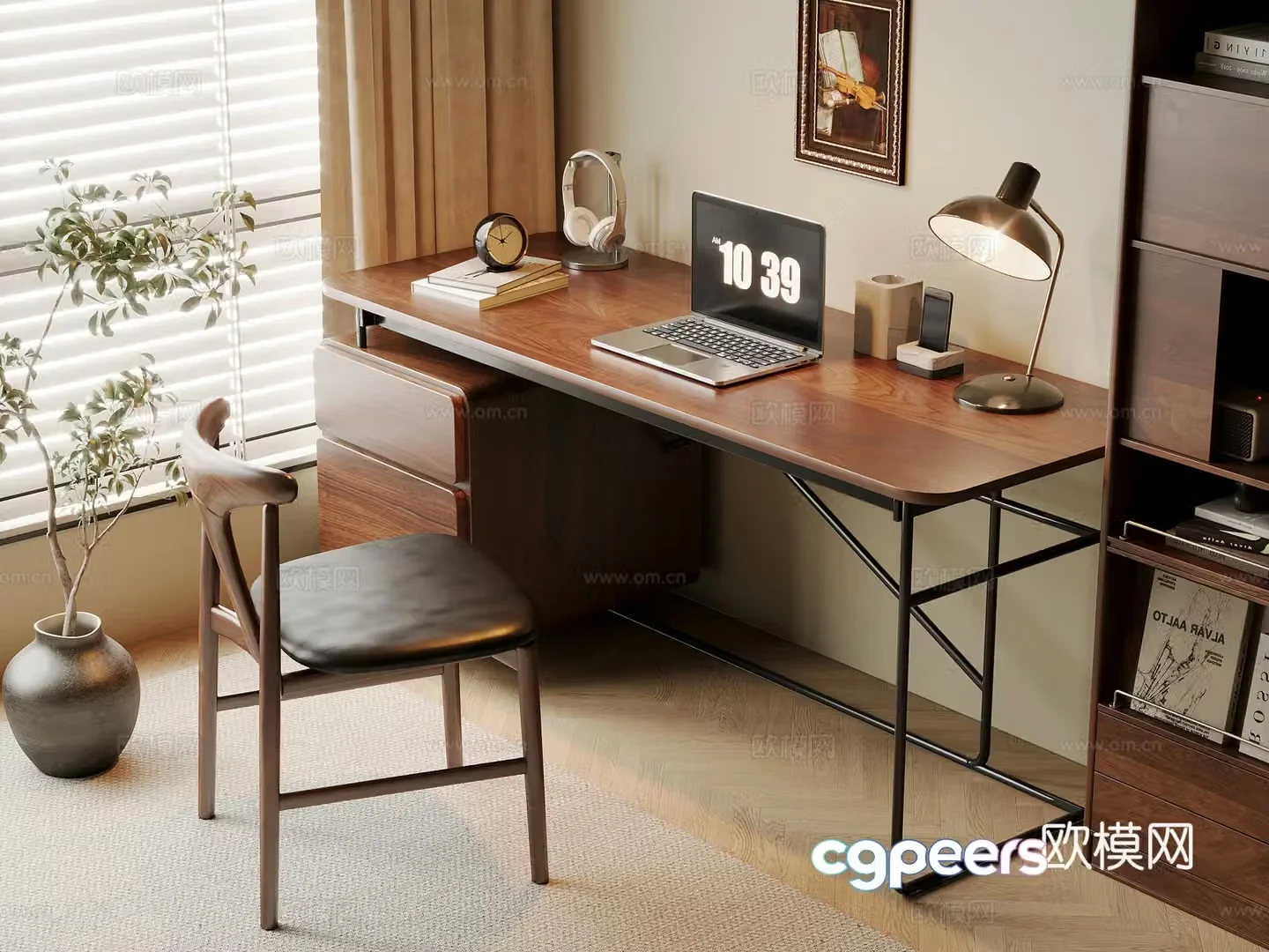 Middle-aged style desk and chair solid wood computer desk and chair writing desk study desk and chair solid wood single chair bookcase 3D model