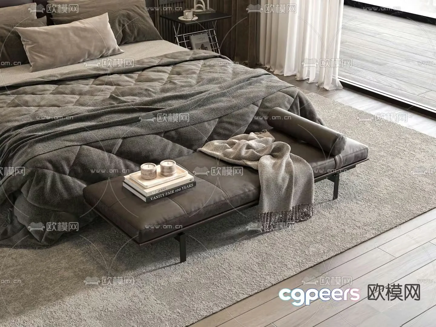 Modern bed end stool footrest 3d model