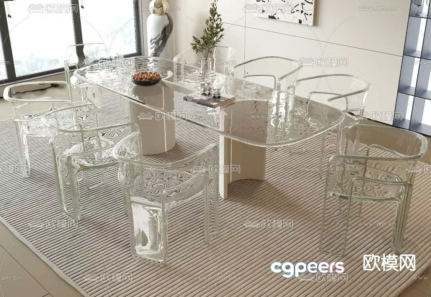Strip dining table and chairs Glass dining table 3D model