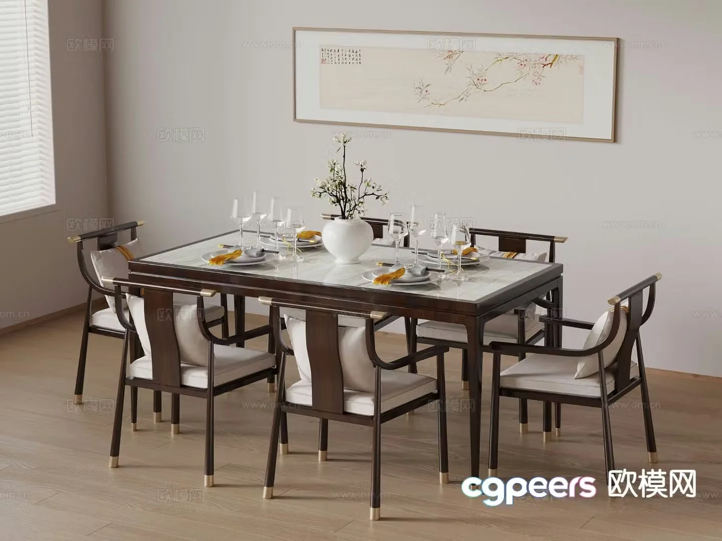 New Chinese dining table and chairs 3d model