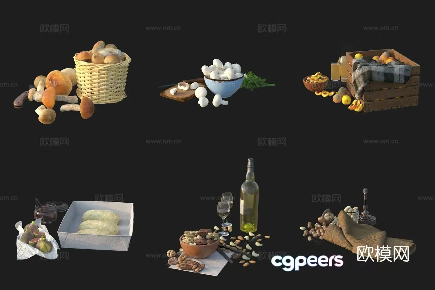 Table food ingredients mushrooms fruit nut bread 3d model