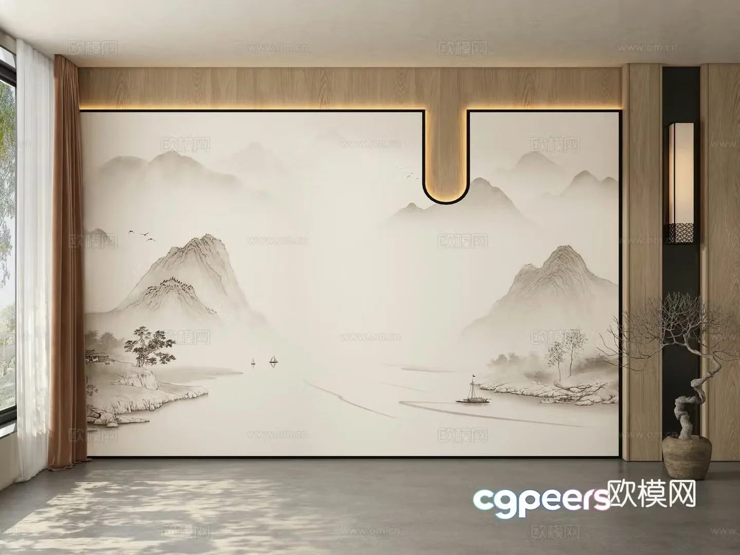 Middle style restaurant tea room living room background wall 3d model