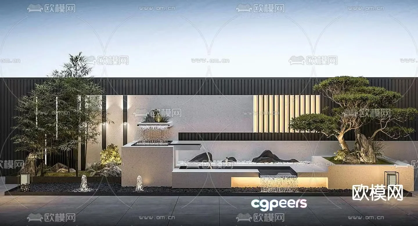 Courtyard landscape stacked water feature wall 3D model