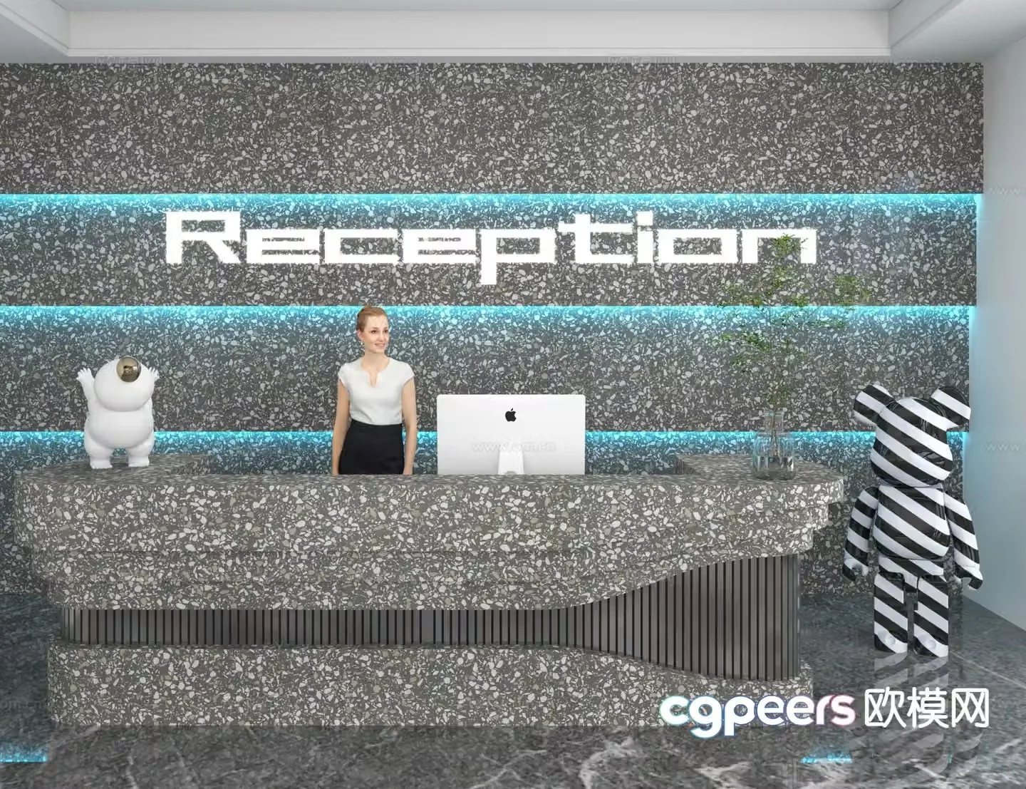 Modern front desk reception desk information desk office background 3d model