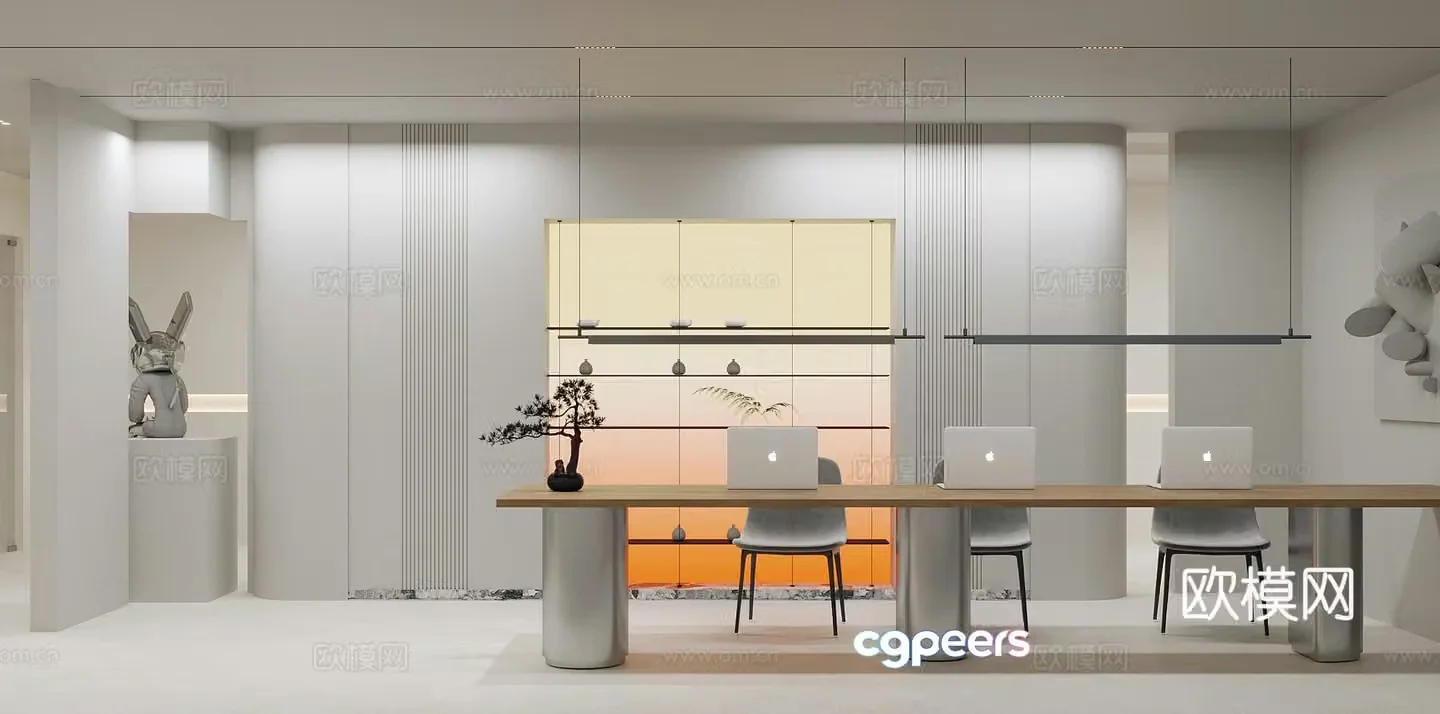 Modern office Public desk Computer Trendy toy sculpture Gradient light box Chandelier Wall decoration 3D model