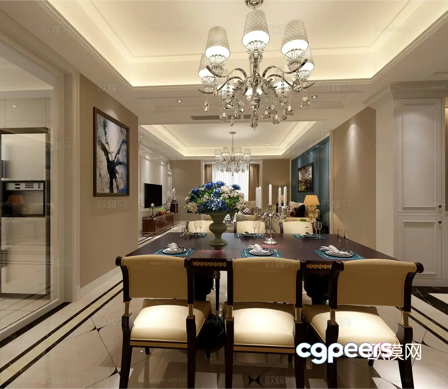 Simple American living and dining room sofa coffee table chandeliers paintings TV cabinets ornaments dining tables and chairs 3D models