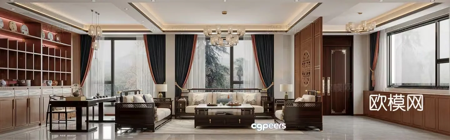 New Chinese style villa living and dining room 3D model